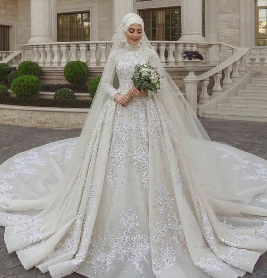 Women's Sequined Muslim Wedding Dress with Hijab