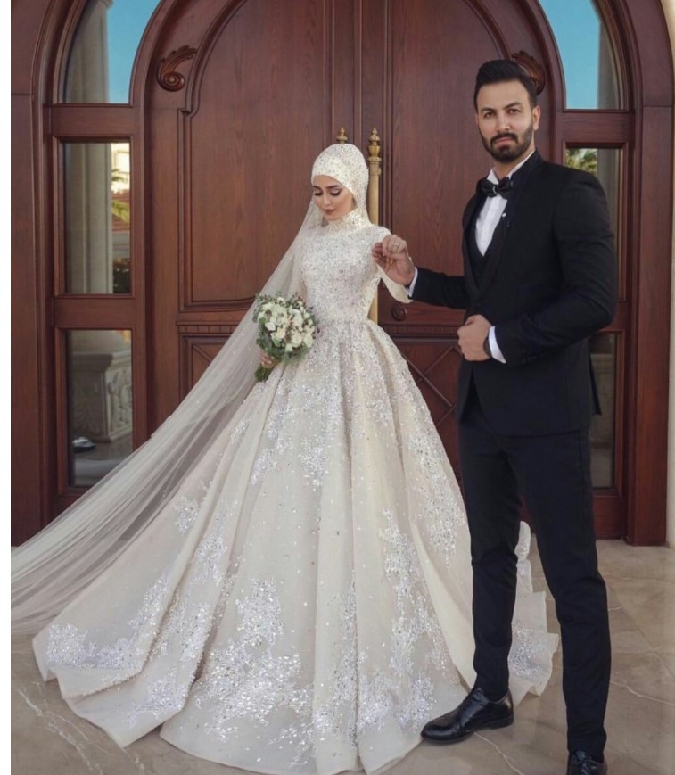 Women's Sequined Muslim Wedding Dress with Hijab