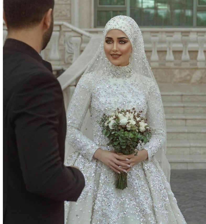 Women's Sequined Muslim Wedding Dress with Hijab