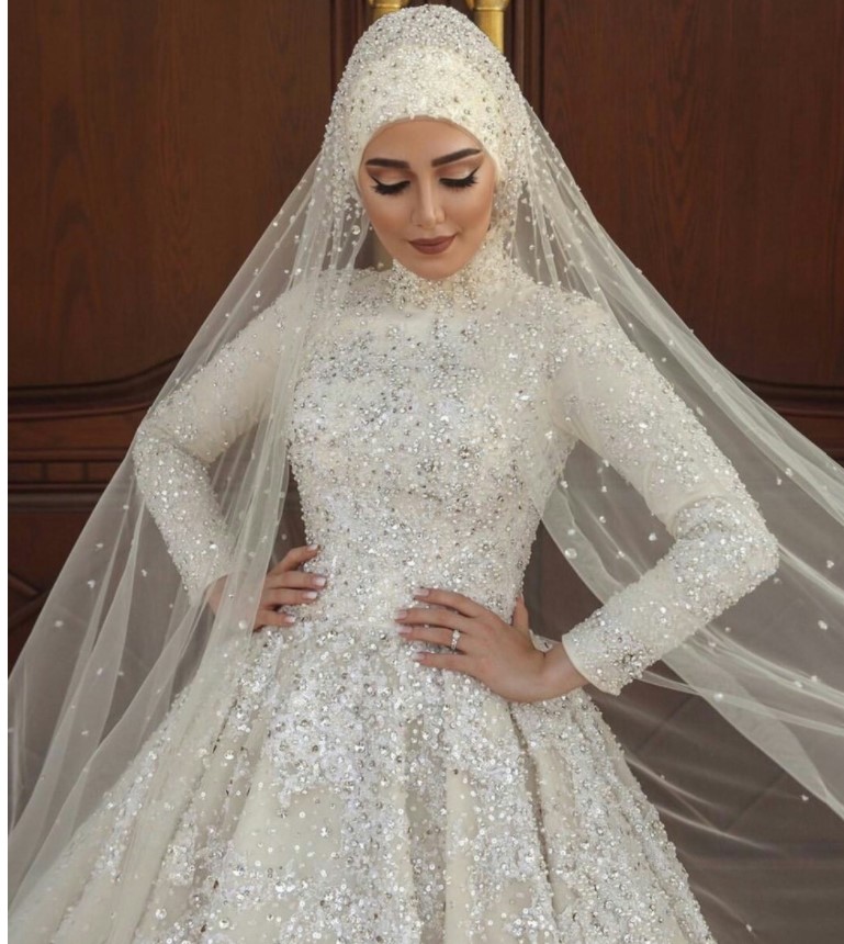 Women's Sequined Muslim Wedding Dress with Hijab